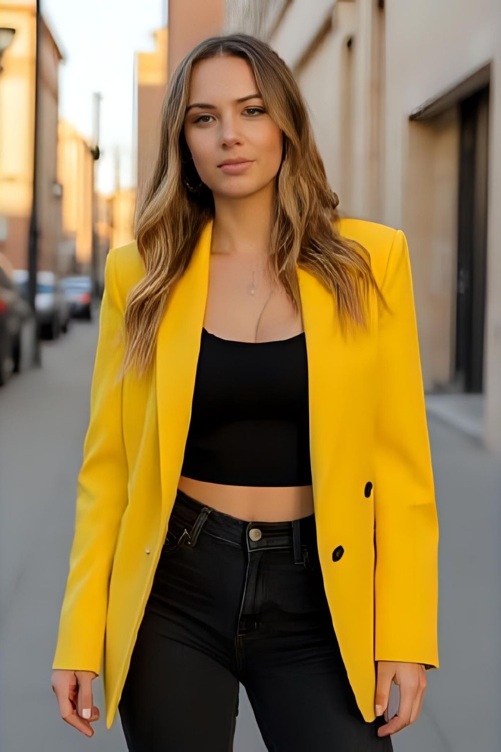 Versatile Alternative: Dark Jeans, Black Crop Top, and Yellow Blazer (or the Reverse)
