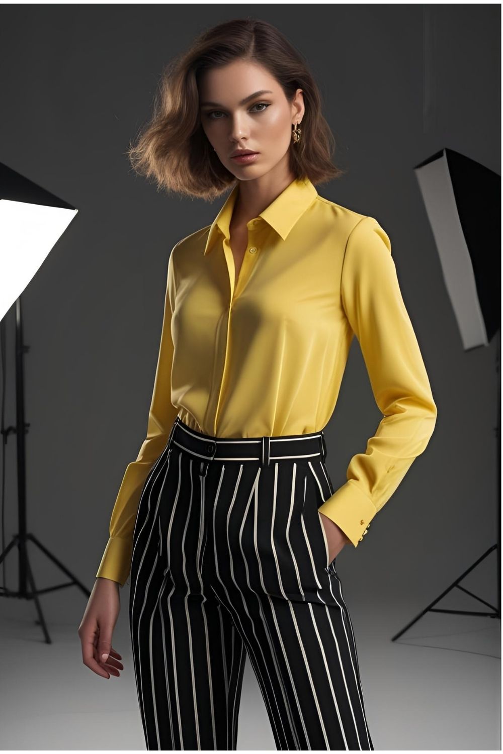 Sleek Professional: Black Trousers with White Stripes and Yellow Long-Sleeve Blouse