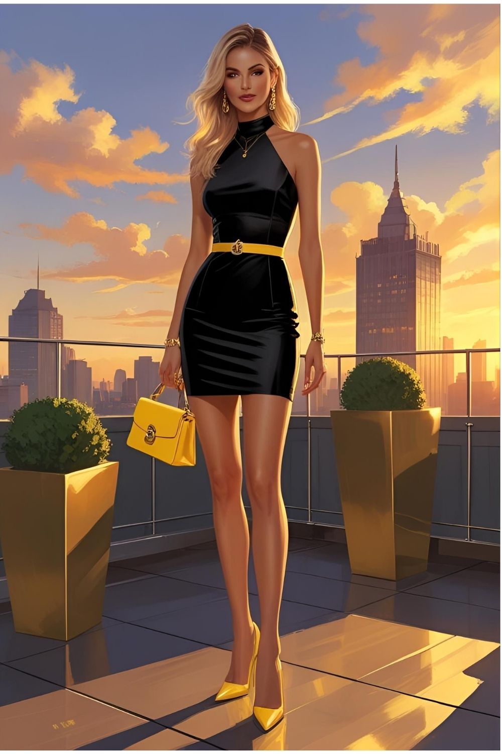 Minimalist Pop: All-Black Dress with Yellow Bag and Yellow Shoes