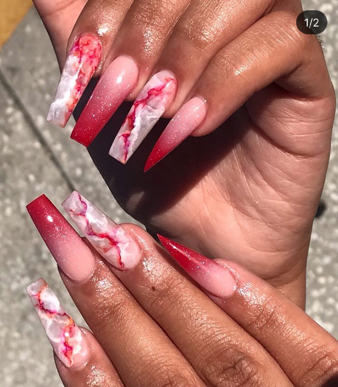 red ombre marble nails
