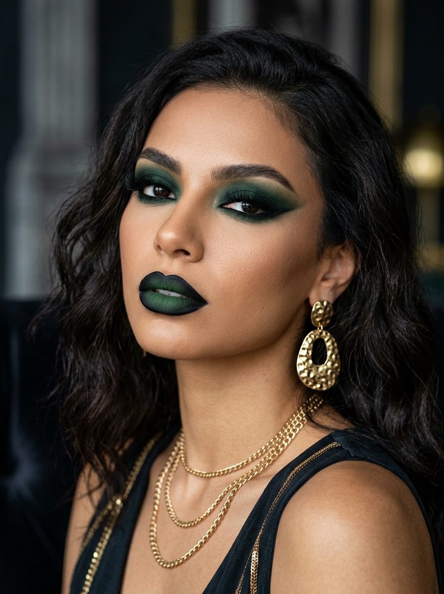Dark Green Smokey Eyes With Ombre Lips