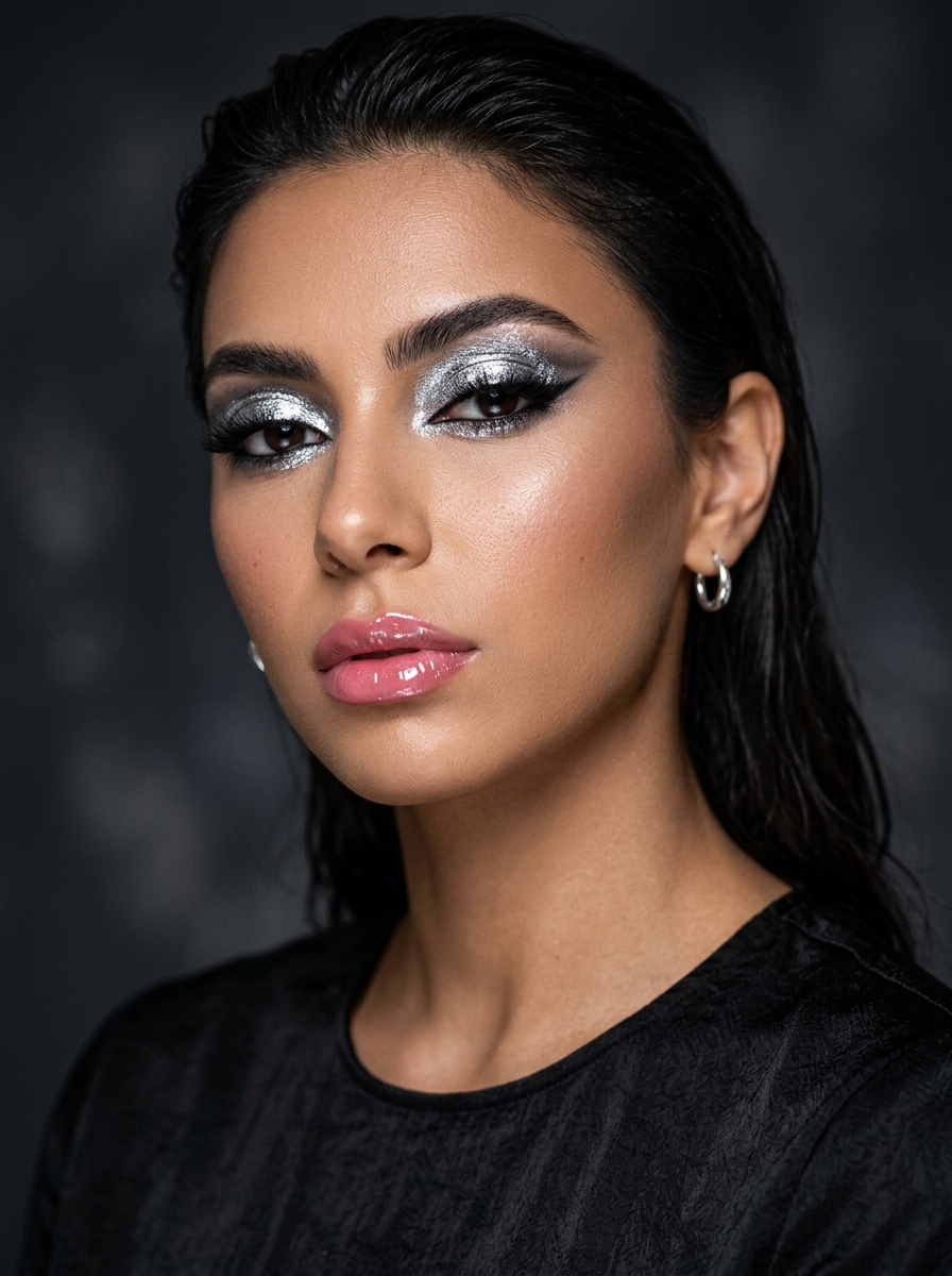 Silver Metallic Eyes And Glossy Pink Lips