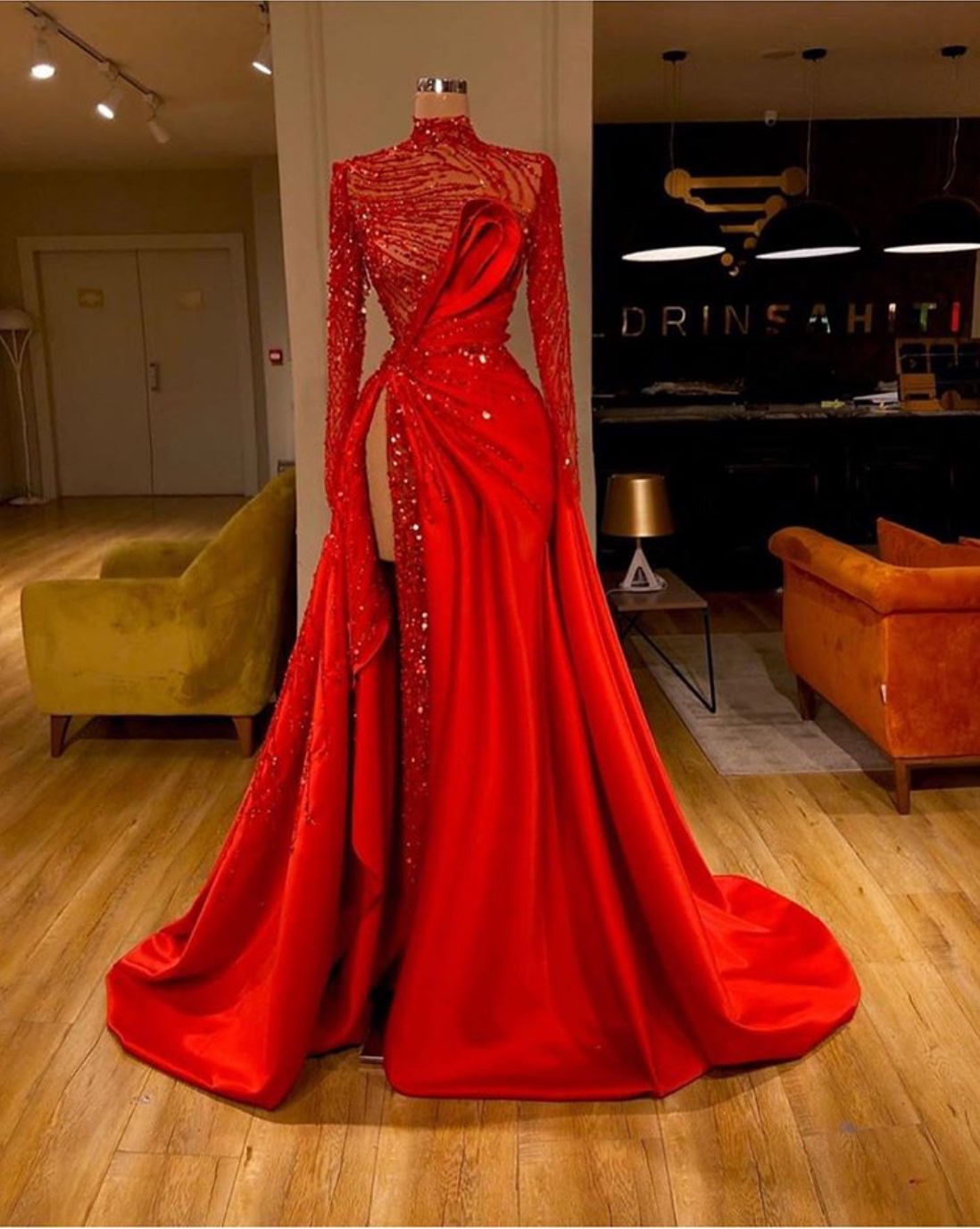 red evening dress