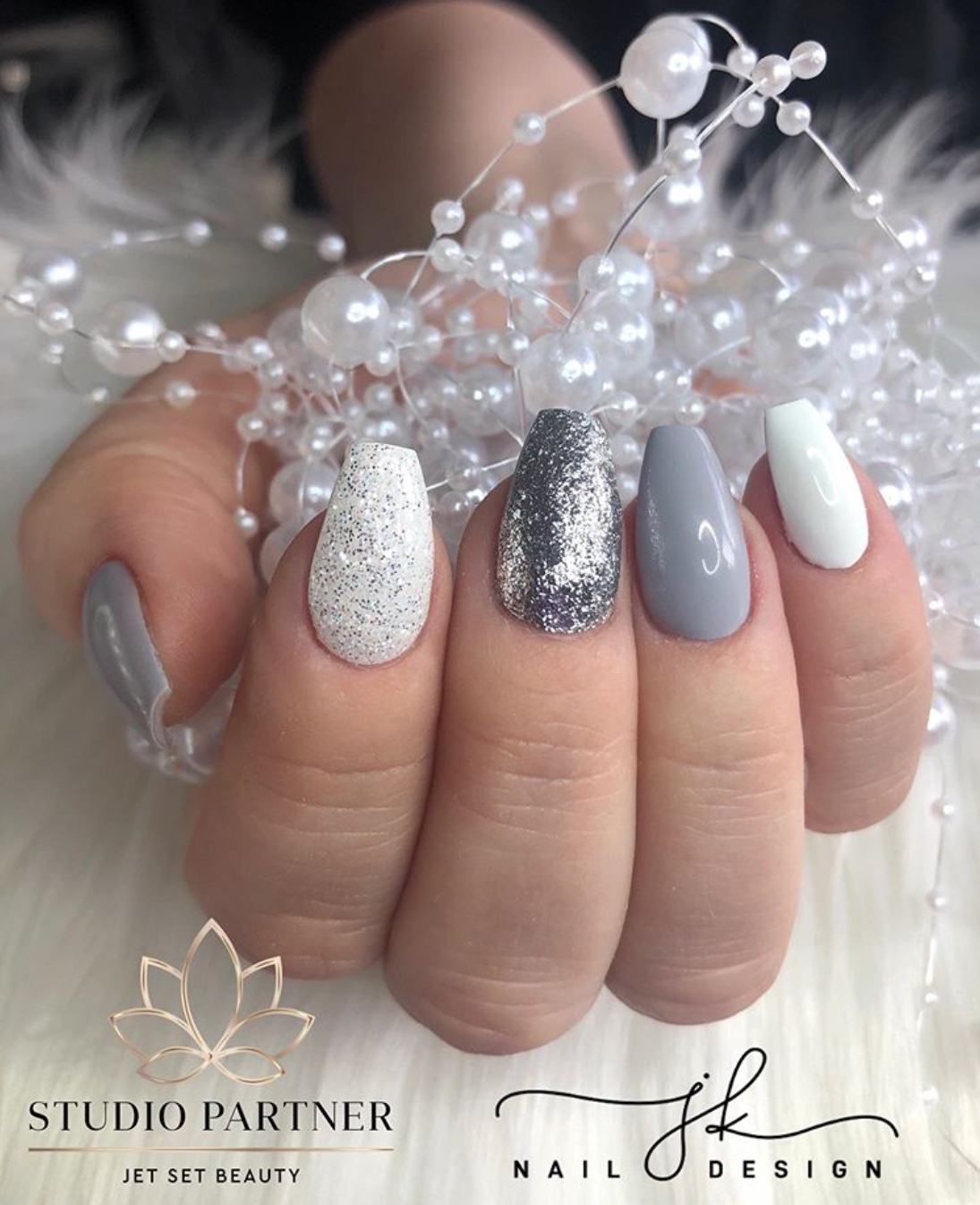 Grey false nails, silver nails, white nails, press on nails.