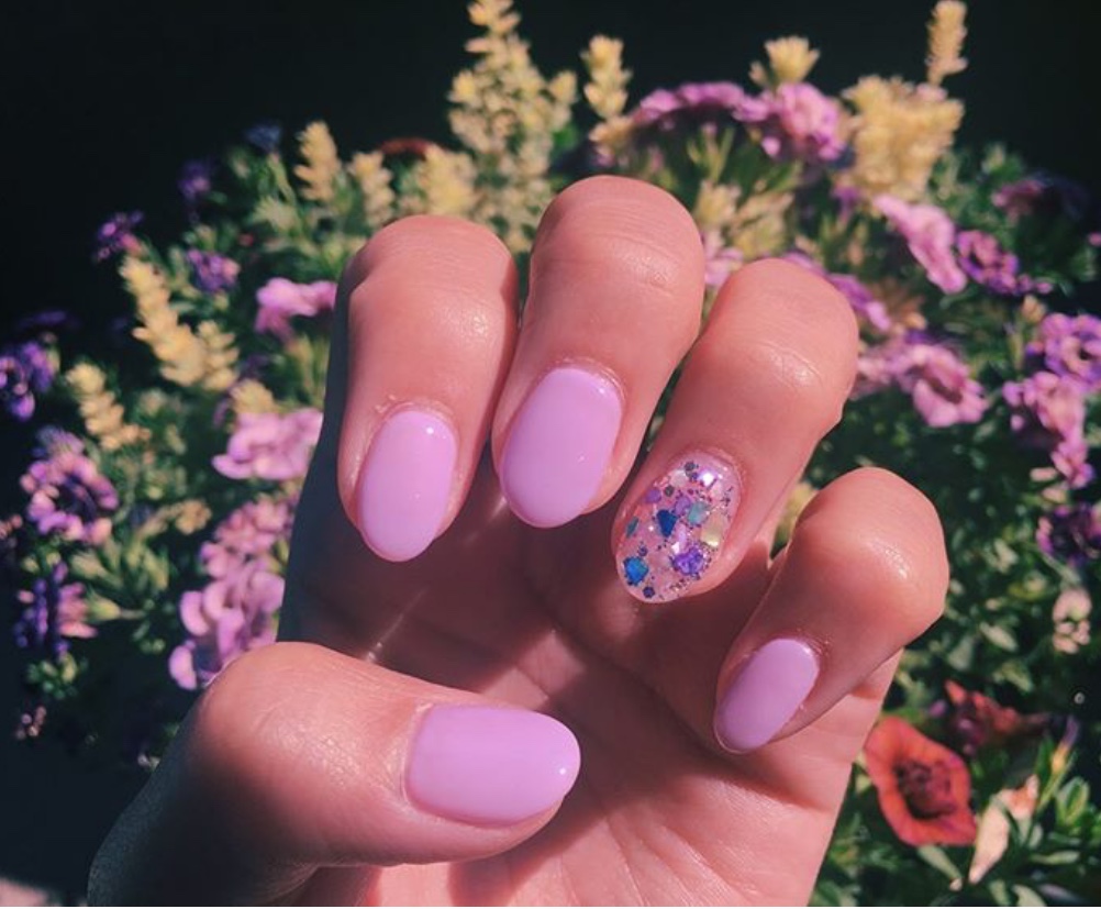 purple nails with flowers