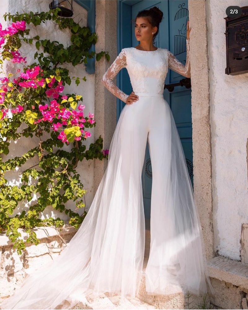 Designer Lace V-neck Bridal Jumpsuit Wedding Overskirt Sketch-nlmtdanang.com.vn