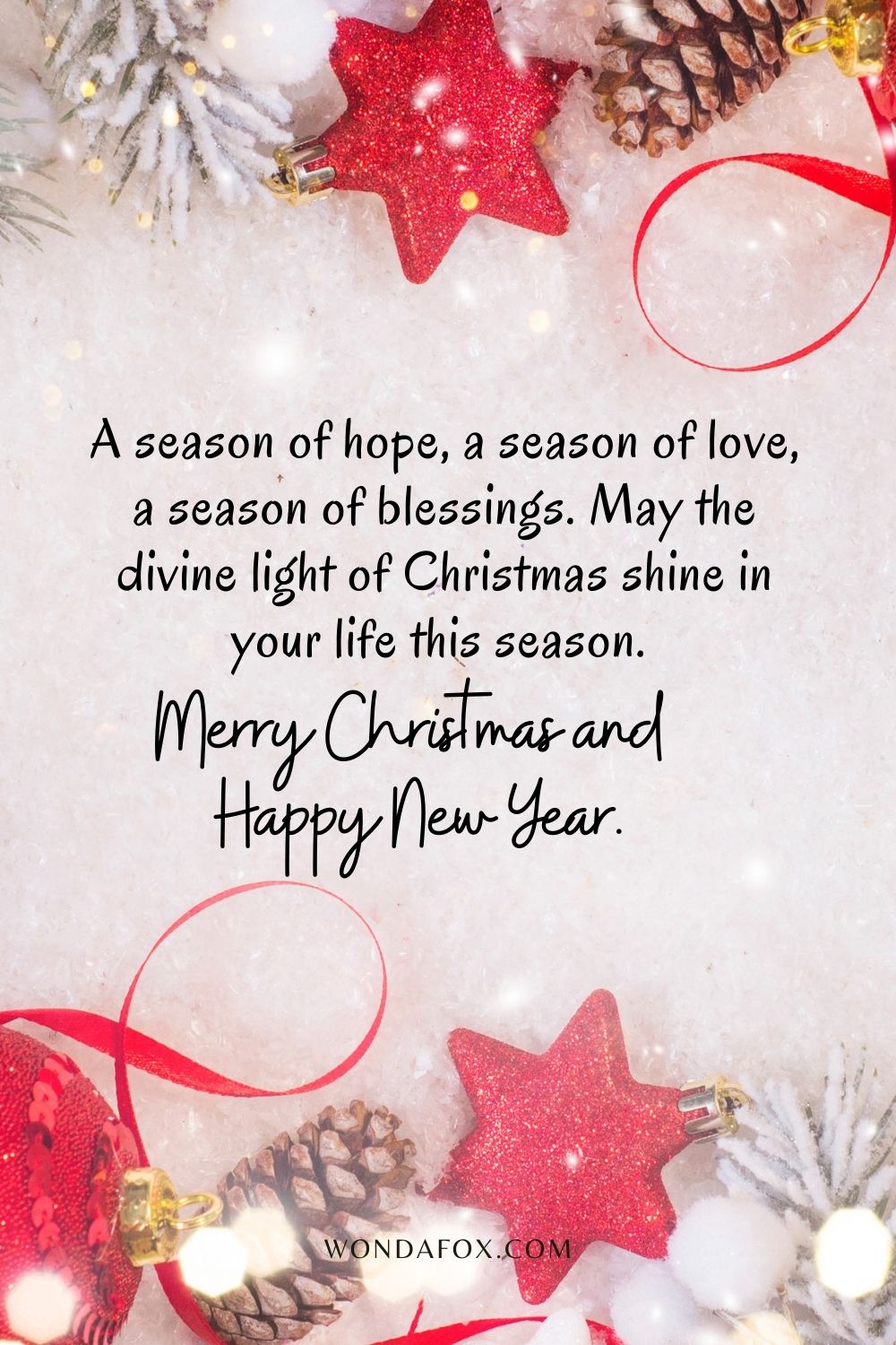 A season of hope, a season of love, a season of blessings. May the divine light of Christmas shine in your life this season. Merry Christmas and Happy New year. ”