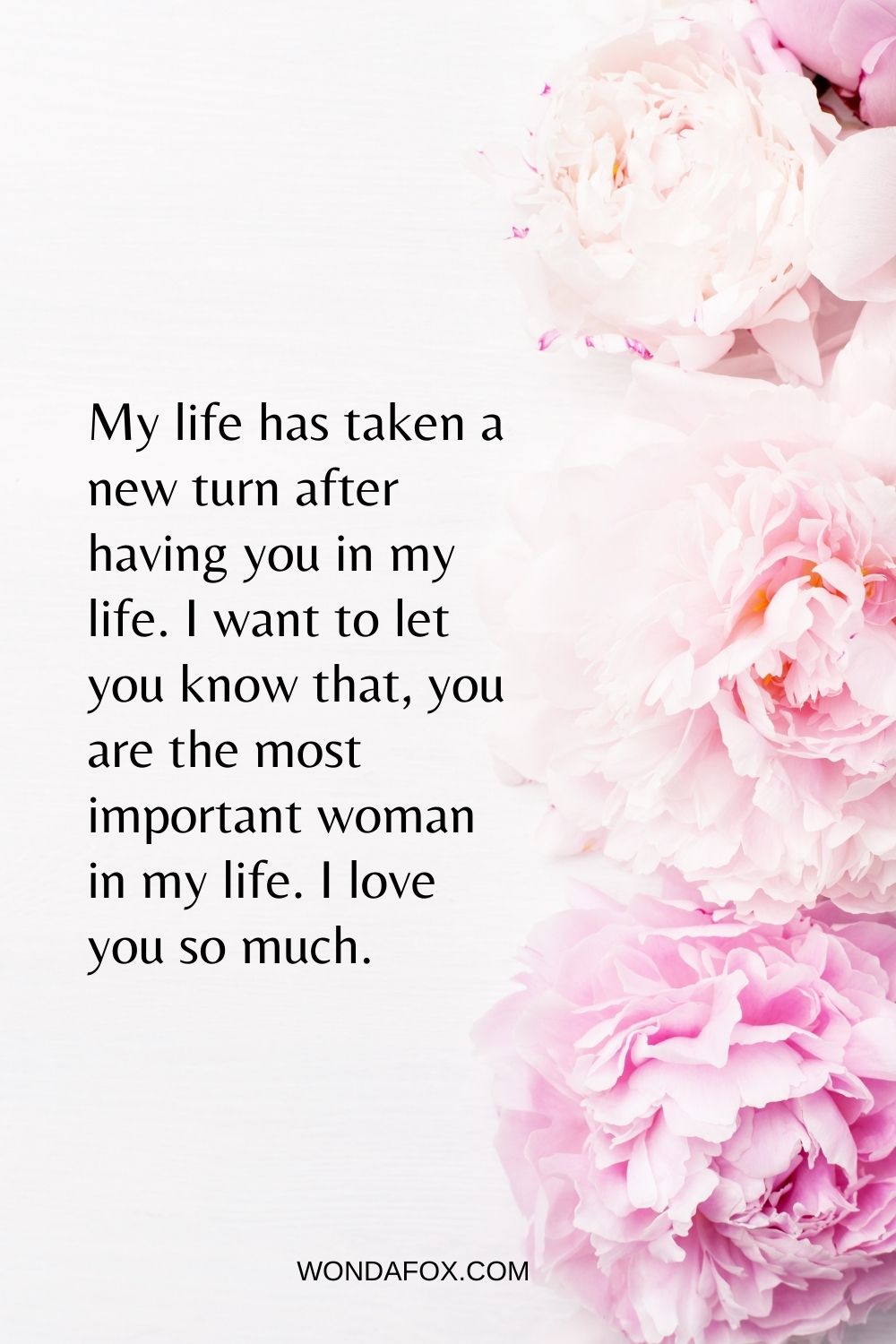 My life has taken a new turn after having you in my life. I want to let you know that, you are the most important woman in my life. I love you so much.