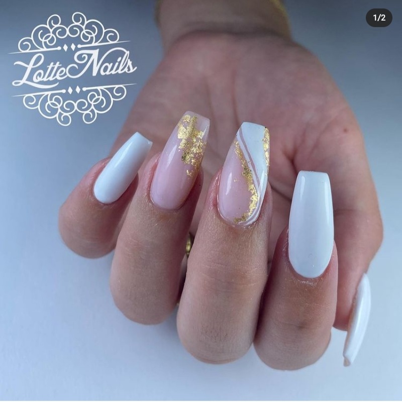 white and gold accent nails