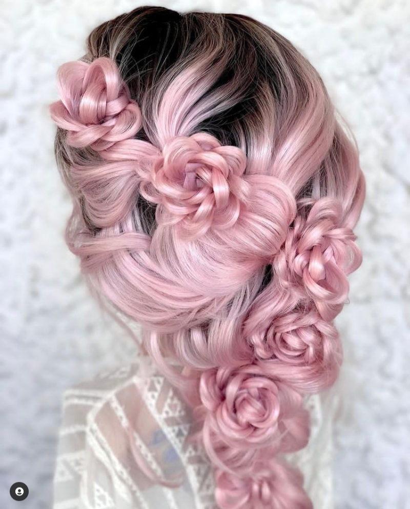 Pink colored rose braid valentine hair style