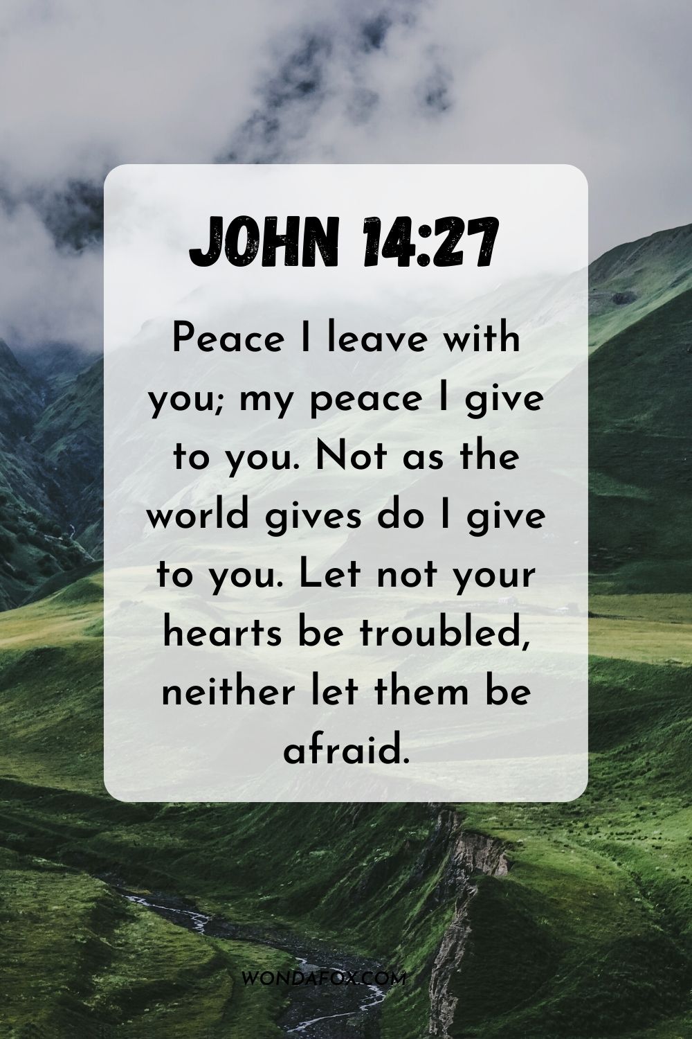 Peace I leave with you; my peace I give to you. Not as the world gives do I give to you. Let not your hearts be troubled, neither let them be afraid. John 14:27