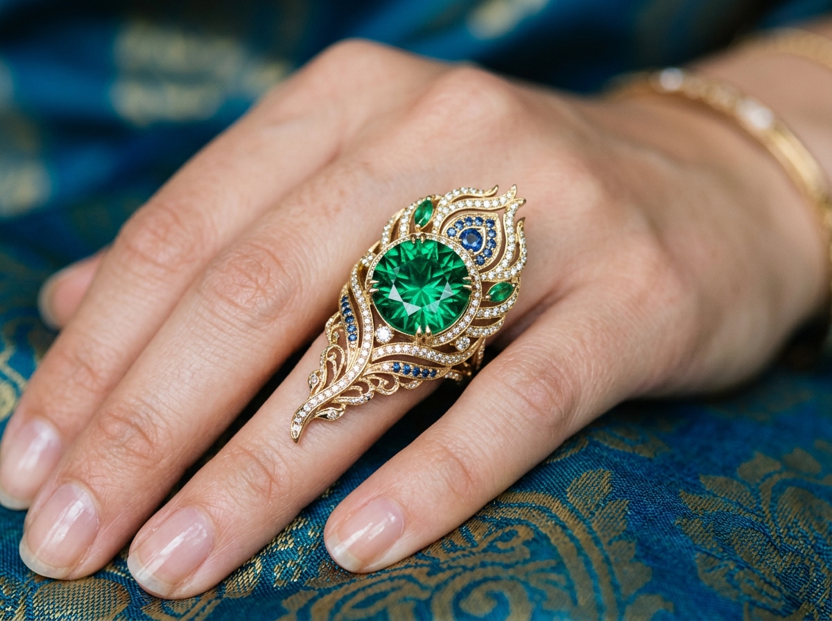 Peacock star cut emerald ring