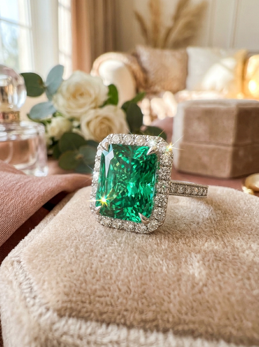 Radiant cut emerald ring