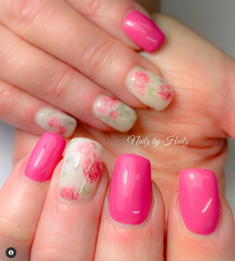Hottest Pink Floral Nails