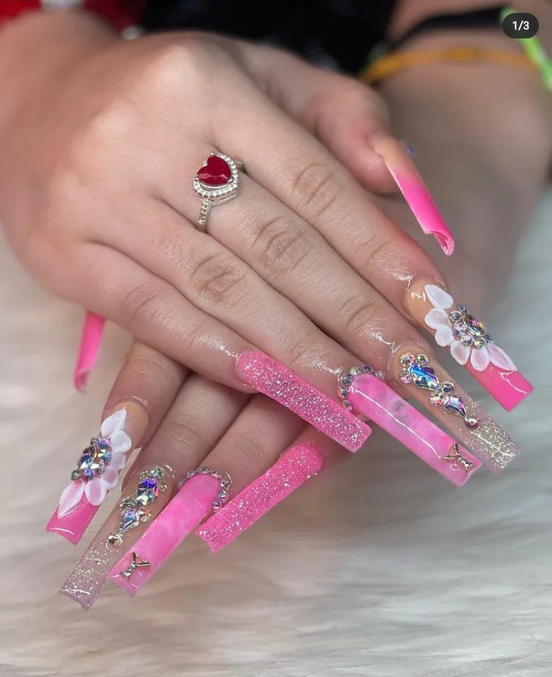 	
hot pink nails with rhinestones