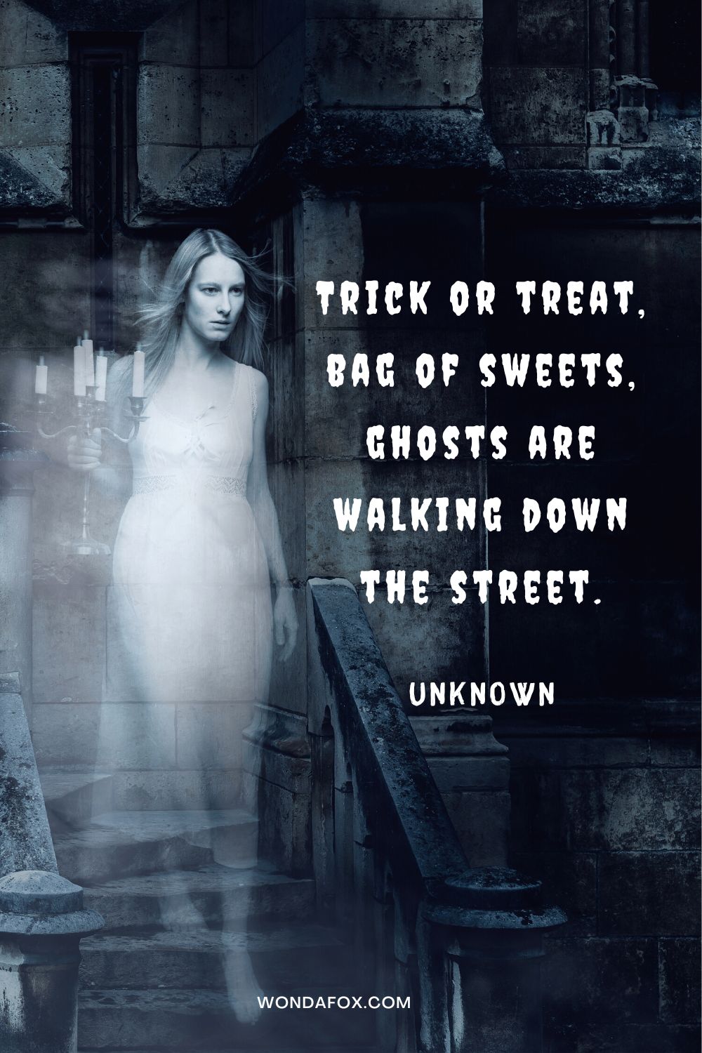 Trick or treat, bag of sweets, ghosts are walking down the street. Unknown