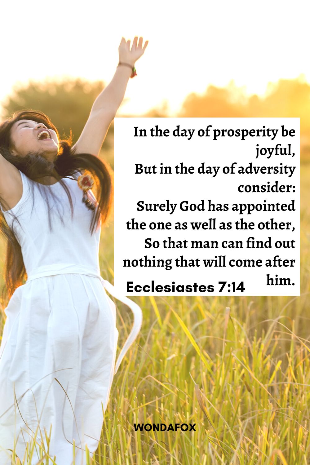 In the day of prosperity be joyful,
But in the day of adversity consider:
Surely God has appointed the one as well as the other,
So that man can find out nothing that will come after him.
Ecclesiastes 7:14