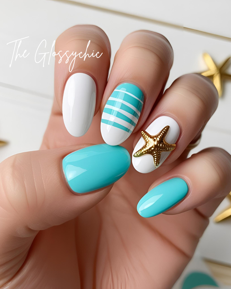 Turquoise and White Elegance 2025 summer beach nail design