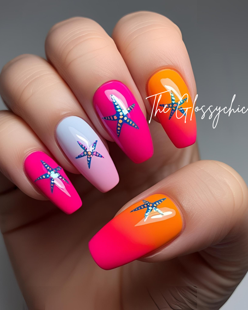 Summer Glow & Starfish Sparkle beach nail designs - 2025 Beach Nail Designs