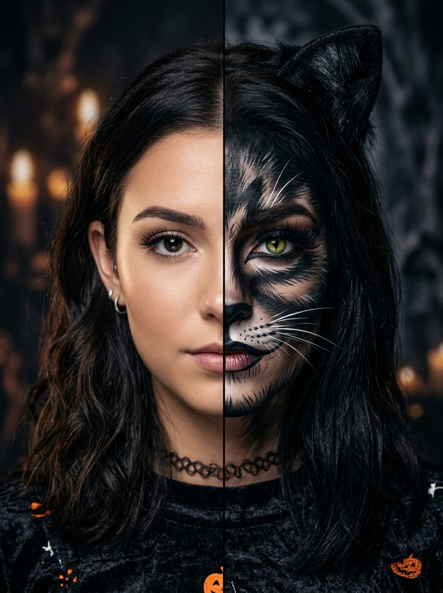 Half-Human Half-Cat Makeup
