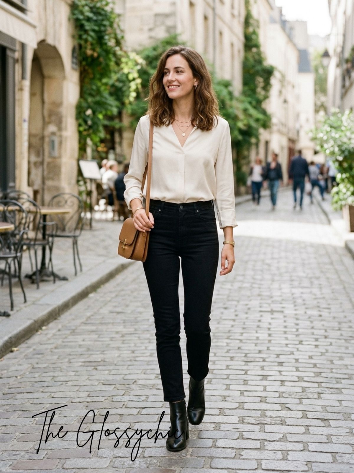 Black Jeans with Tucked-In Long Sleeve Blouse