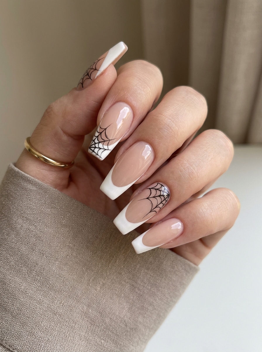 French Tip Spider Web Nails