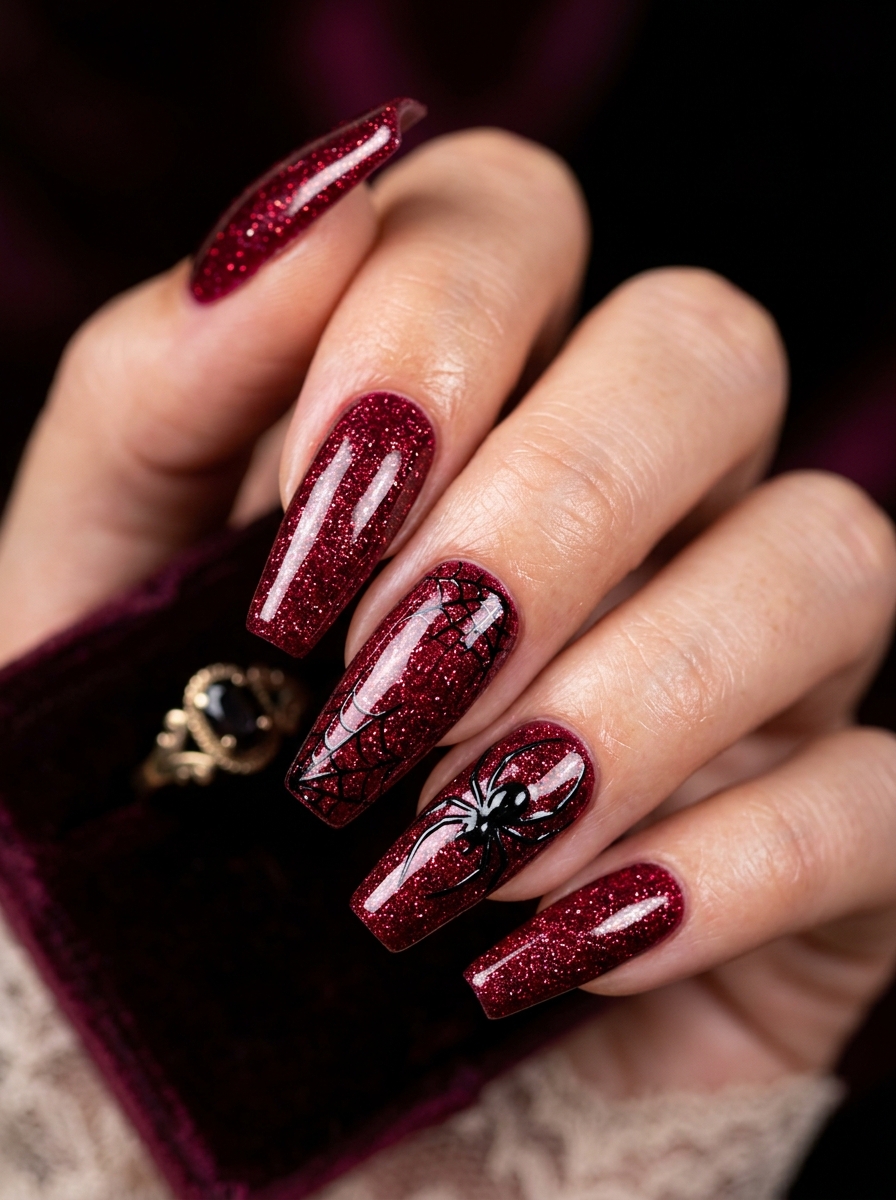Red Glitter Spider Nails