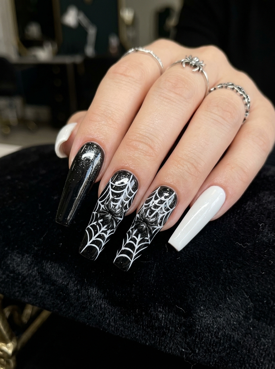 Classic Black and White Spider Web Nails
