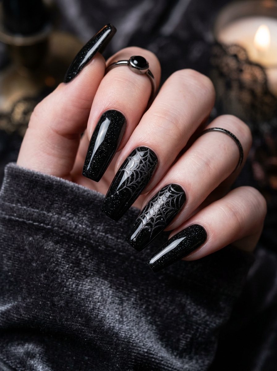 Black Glitter Spider Web Nails