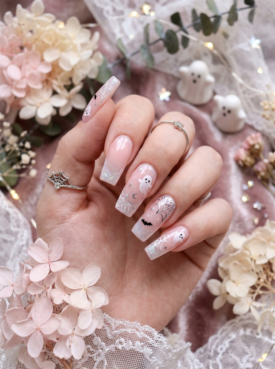Pink Ghost Nails with Floating Details