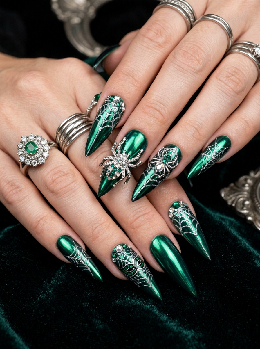 Emerald Green Web Nails with Rhinestone Spiders