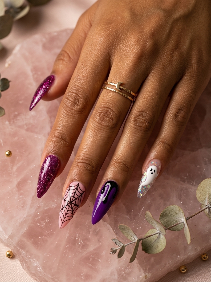 Purple and Pink Ghost Web Nails