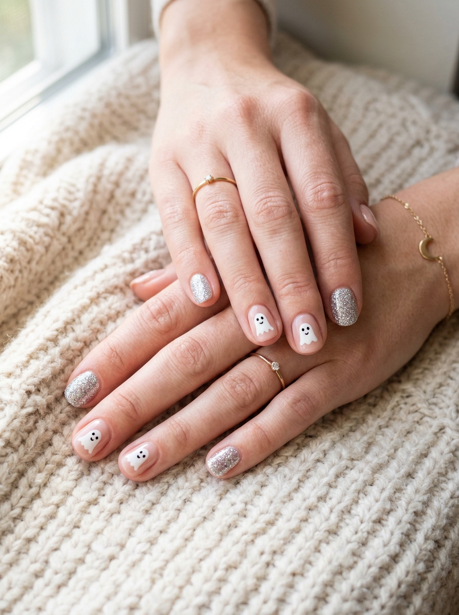 Ghost Nails with Glitter Accents