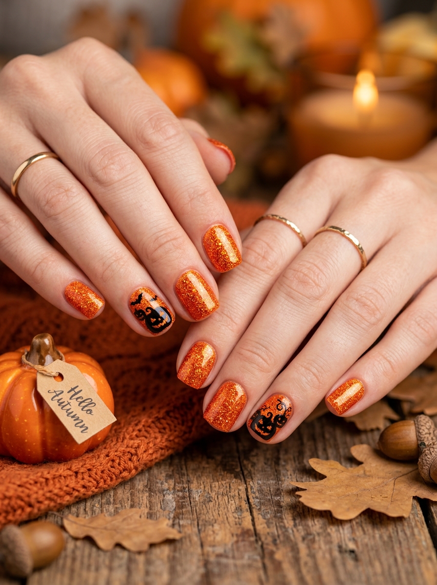 Orange Glitter Pumpkin Nails