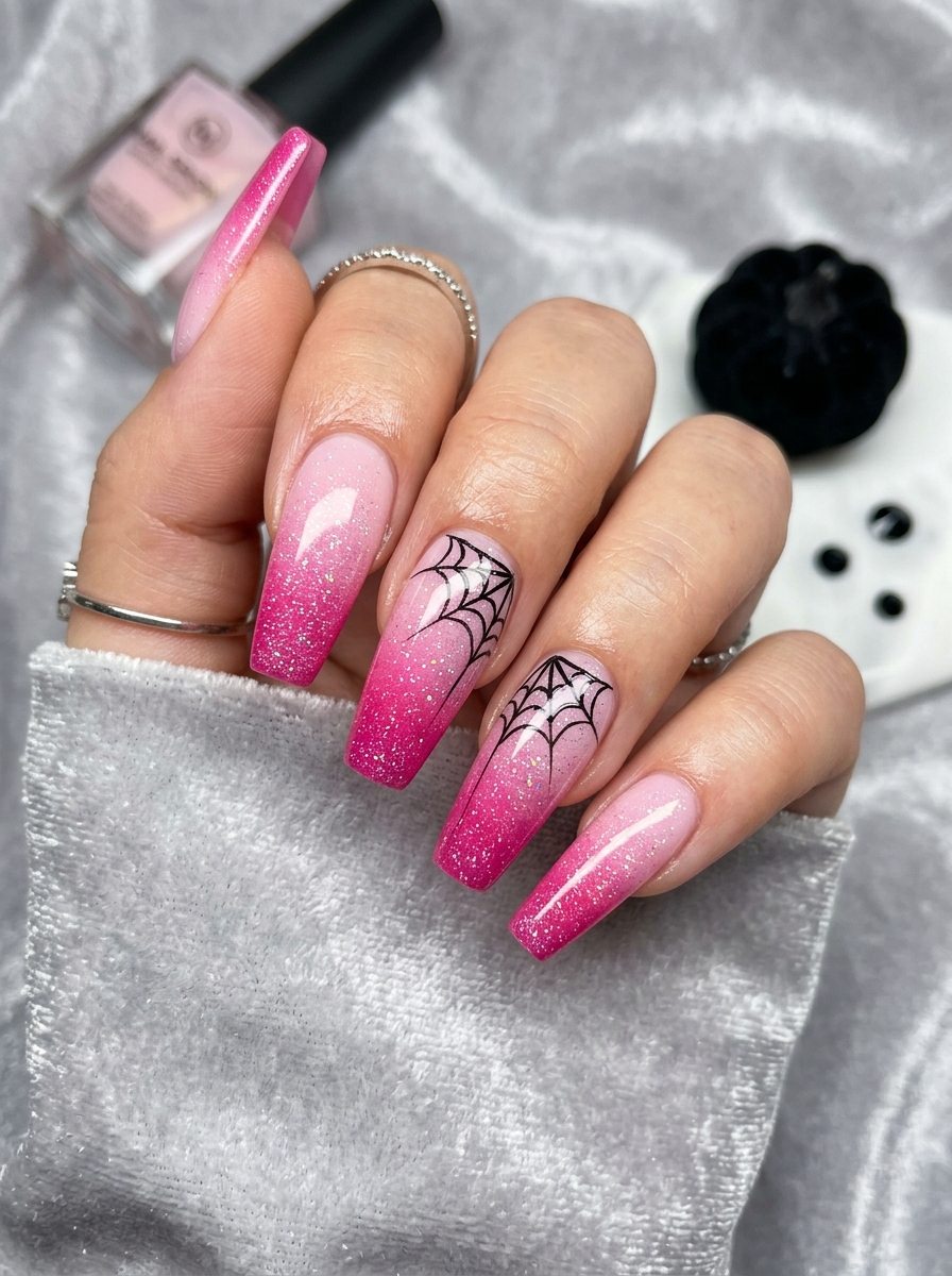 Pink Ombre Spider Web Nails