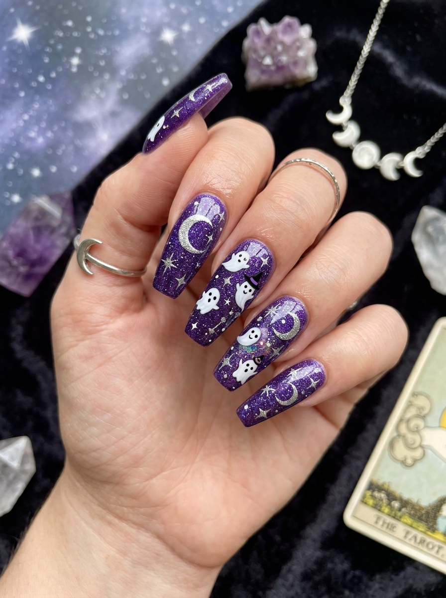 Purple Glitter Ghost Nails