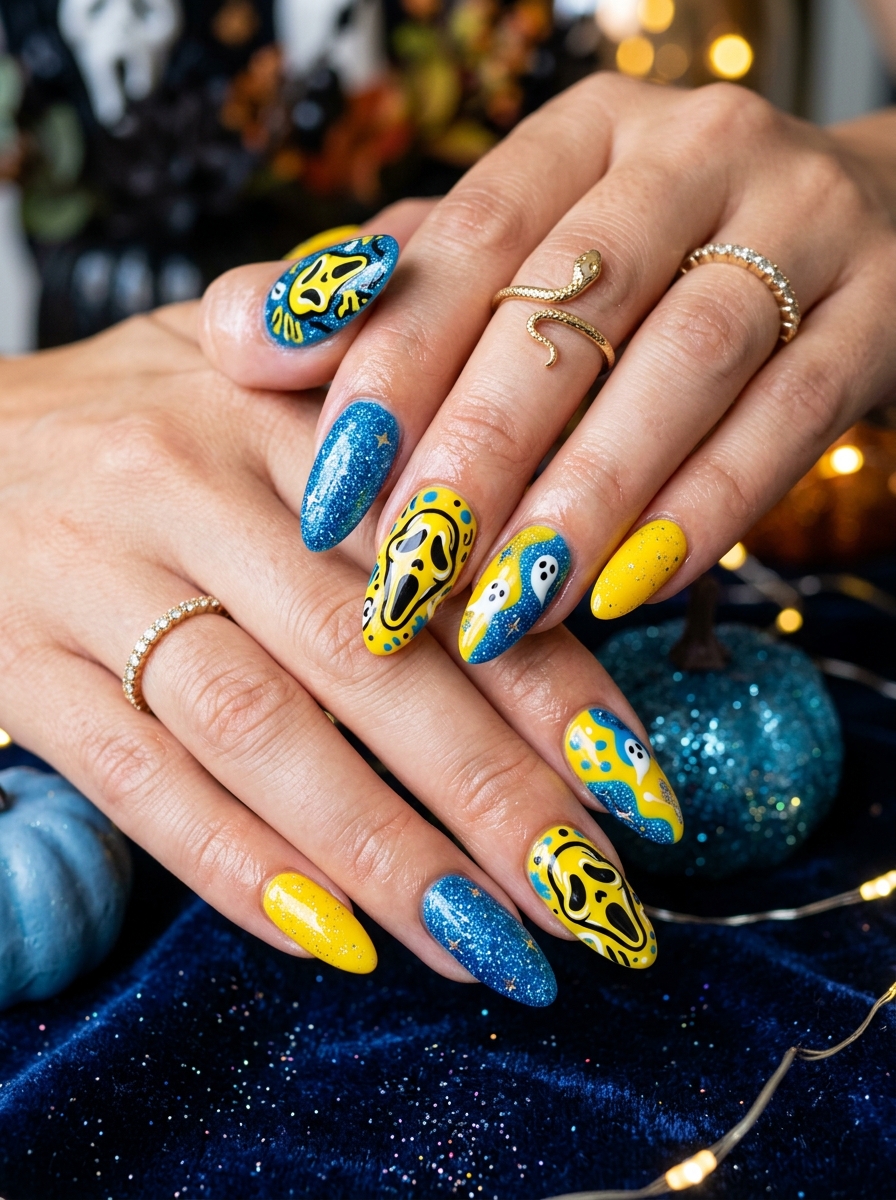 Blue and yellow Halloween nails featuring glitter and horror-inspired details