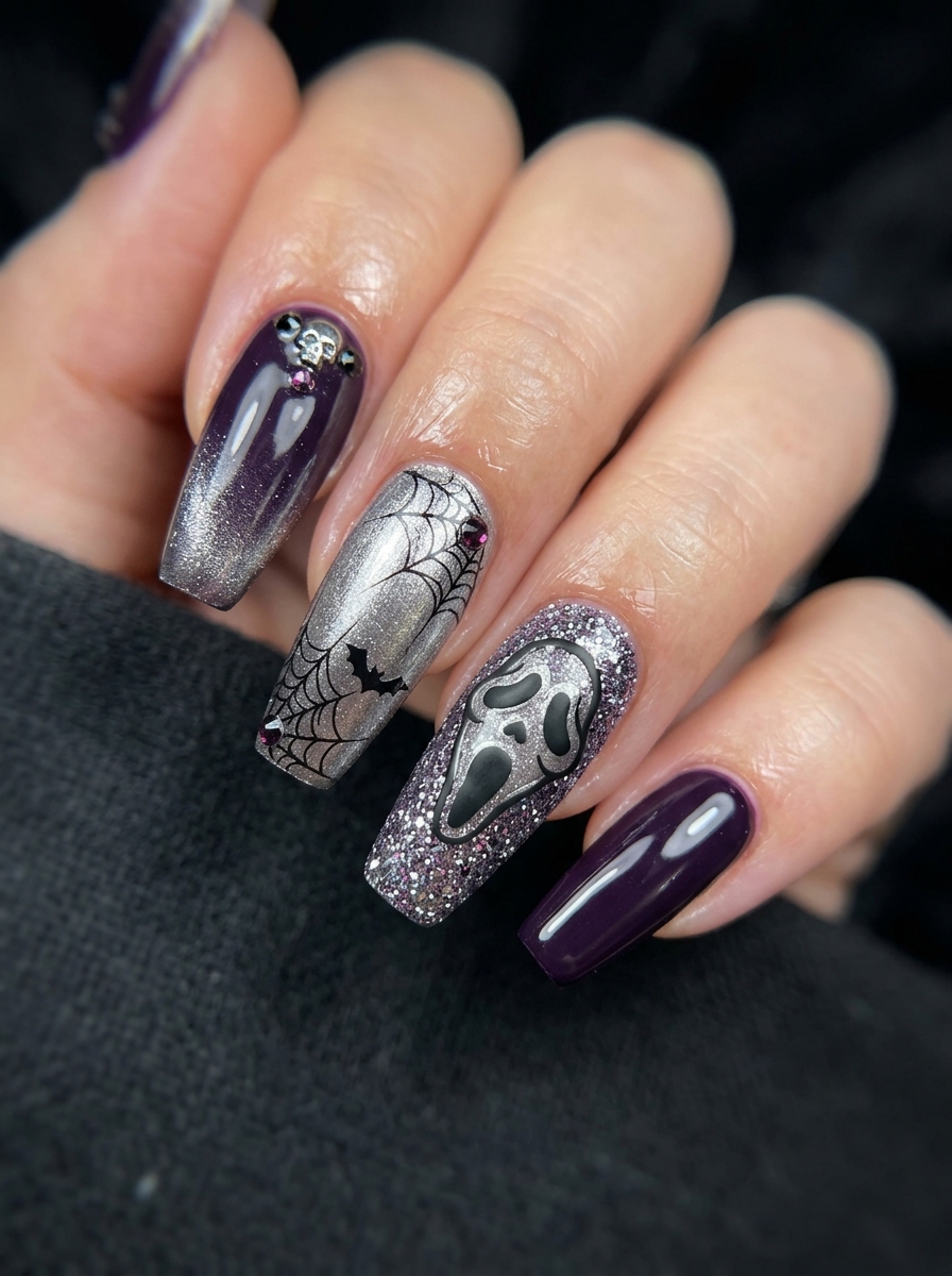 Glitter nails with ghostface design