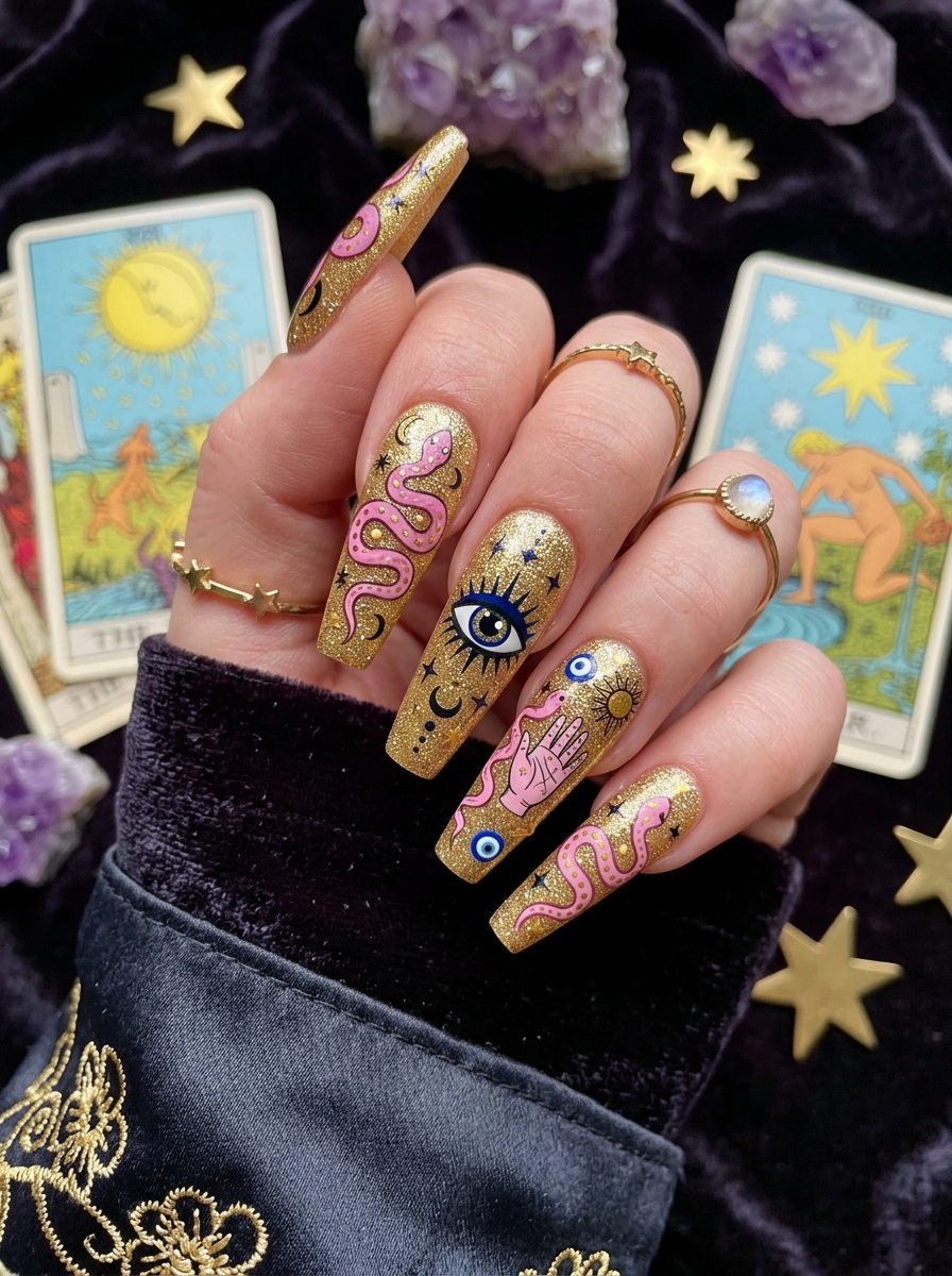 Gold glitter paired with snakes, eyeballs, stars, and magical symbols