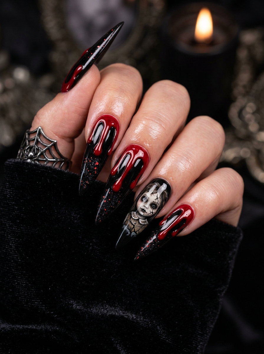 black Halloween nails featuring blood-red drips and a glittery Chucky accent nail
