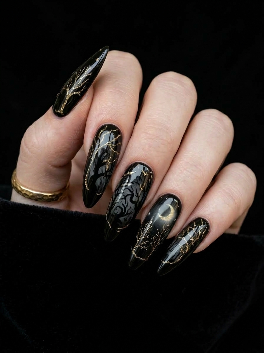 haunted forest nail design with gold glitter accents