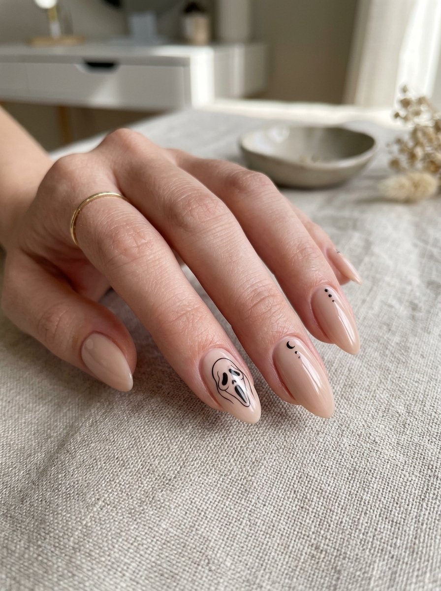 neutral Halloween nails featuring an accent Ghostface mask
