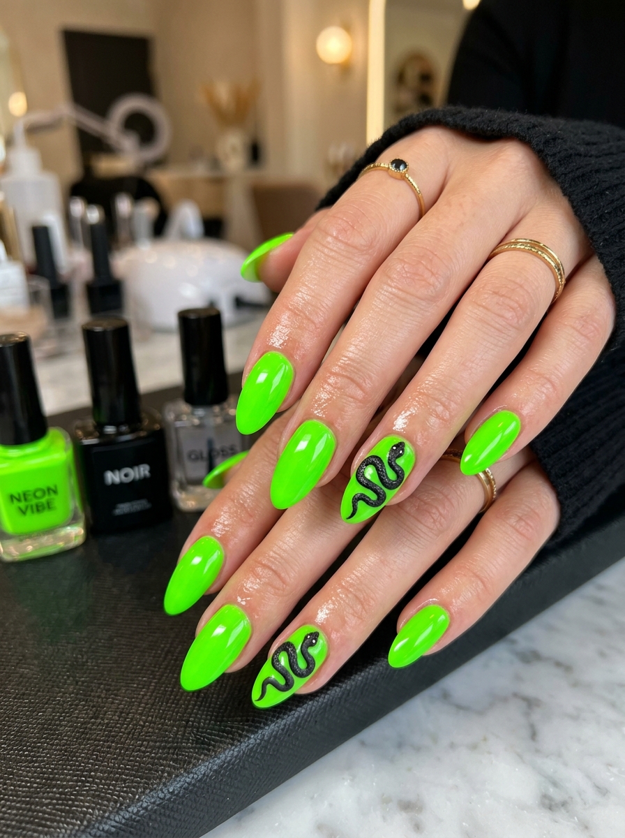 bright neon green nails with a snake accent