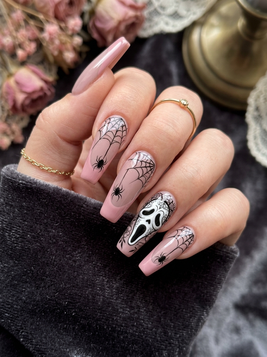 muted pink French tips with spiders, webs, and a Ghostface accent nail