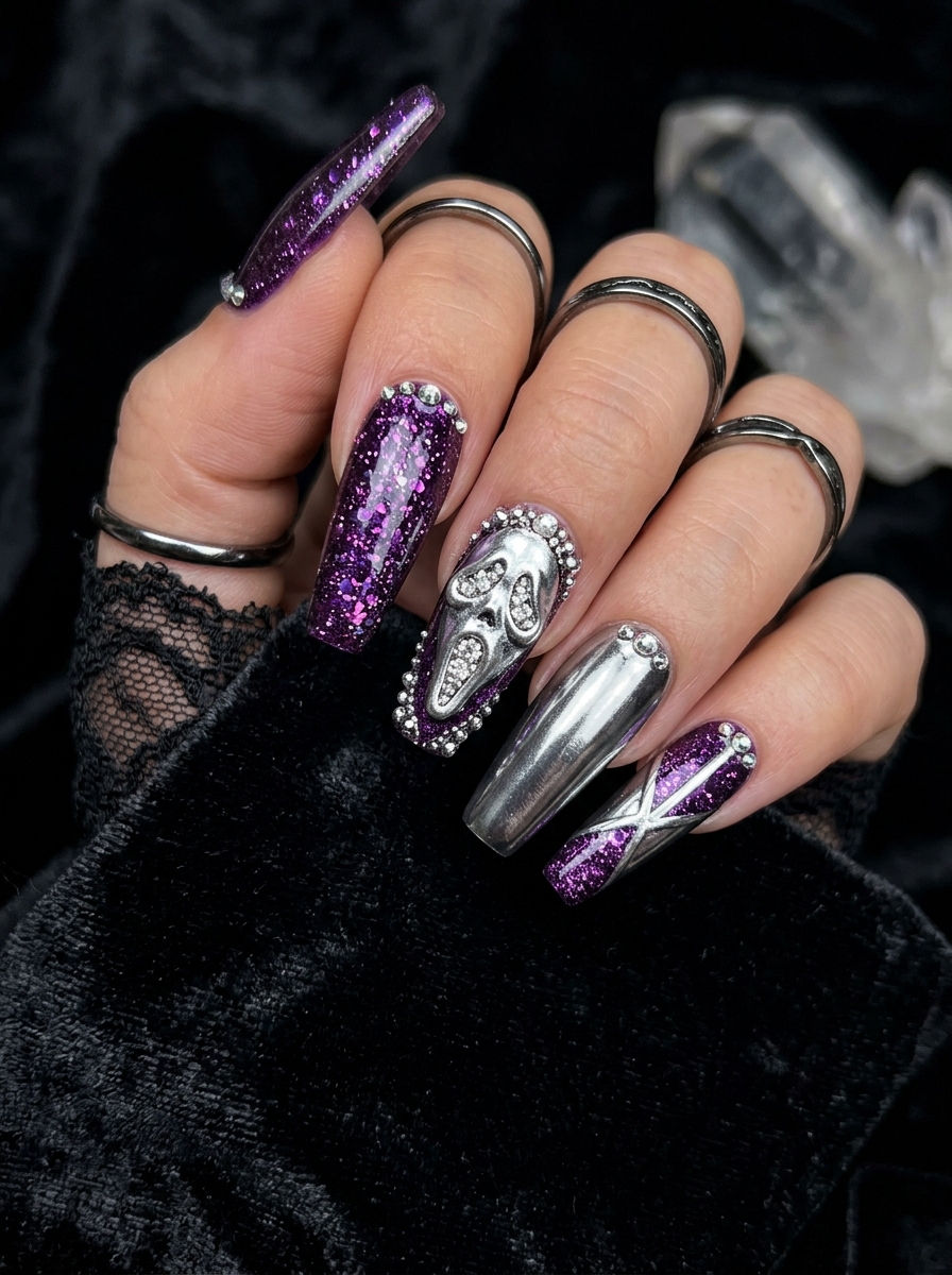 purple and silver nails with Ghostface accents