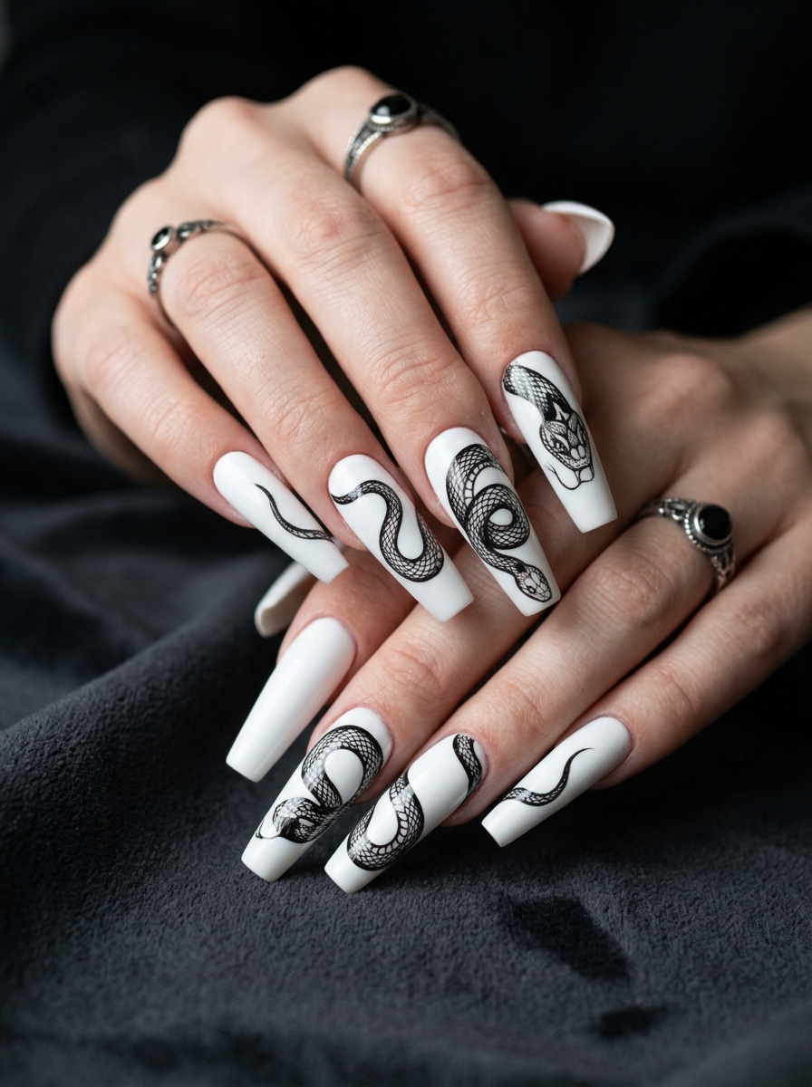 white coffin nails with detailed snake artwork